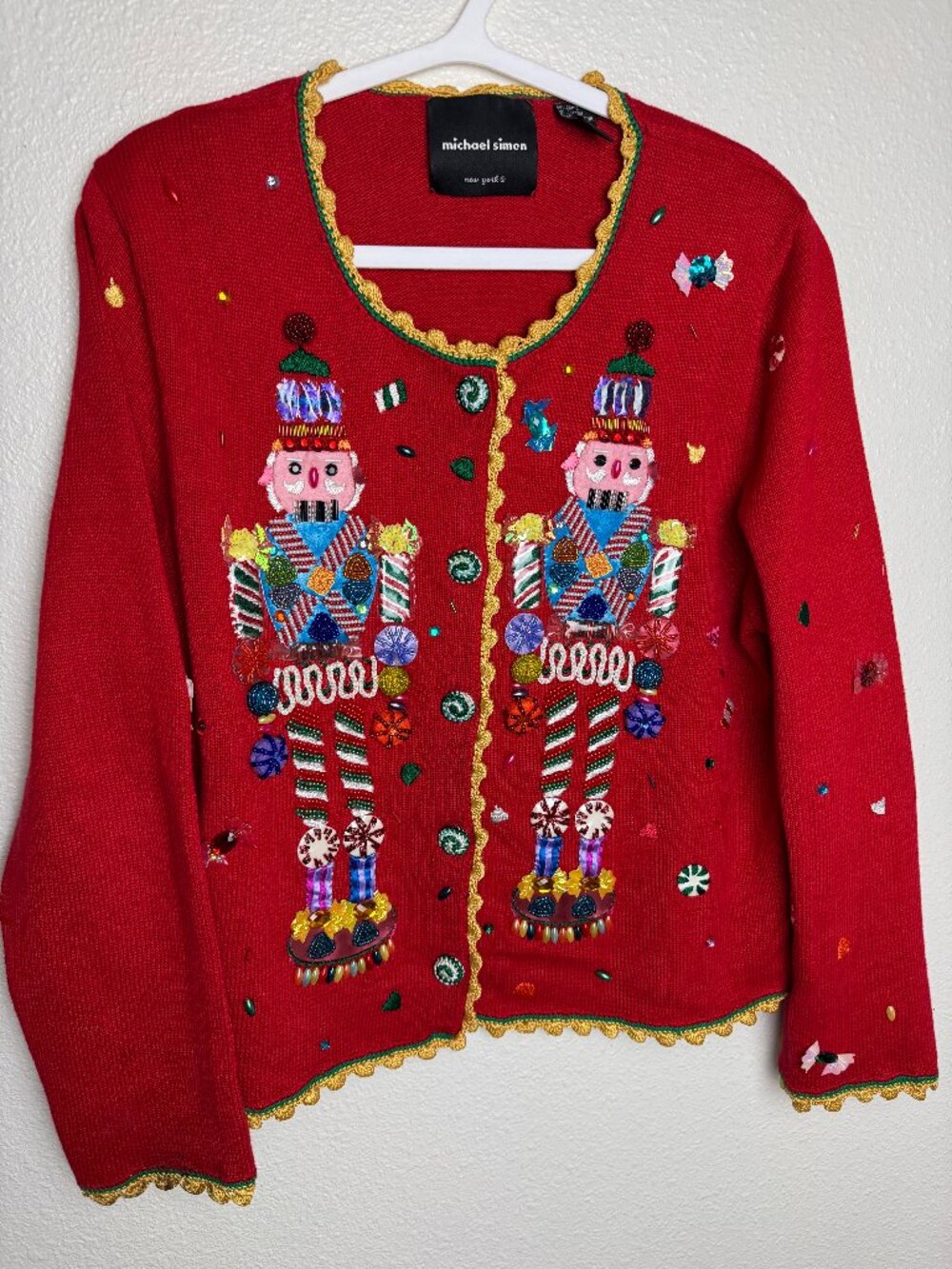 NWOT Michael Simon Christmas Holidays Red Cardigan Sweater Nutcrackers Knit L
